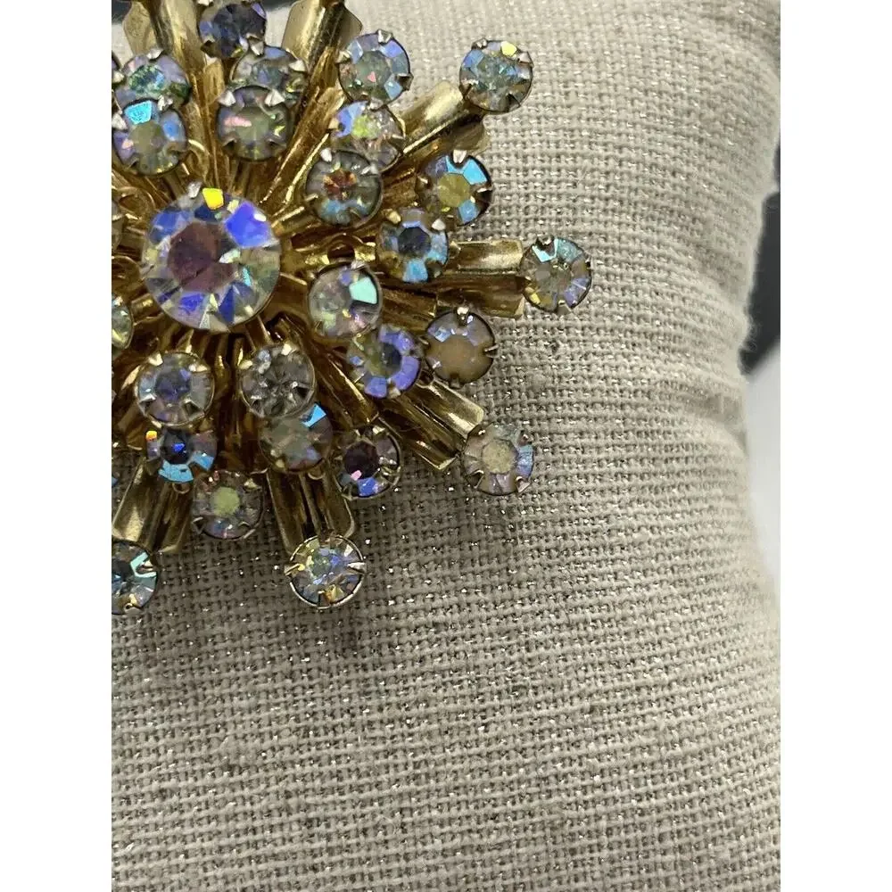 Vintage Aurora Borealis AB Rhinestone Starburst‎ Sunburst Brooch Pin